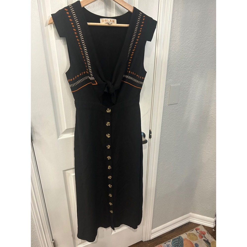 Dolan Midi Dress Black Embroidered Tie Front Button Down Boho XS